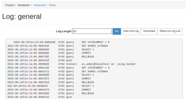 NNumbers Cloud console, Databases: a new window opens showing the log