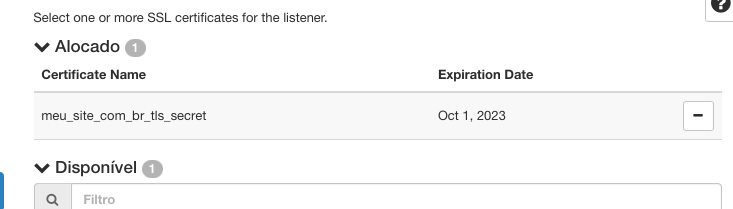 NNumbers Cloud console, Load balancers: select the certificate by clicking ( ➕ ) on its row