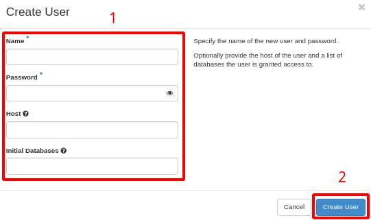 NNumbers Cloud console, Databases: once filled in, click Create User