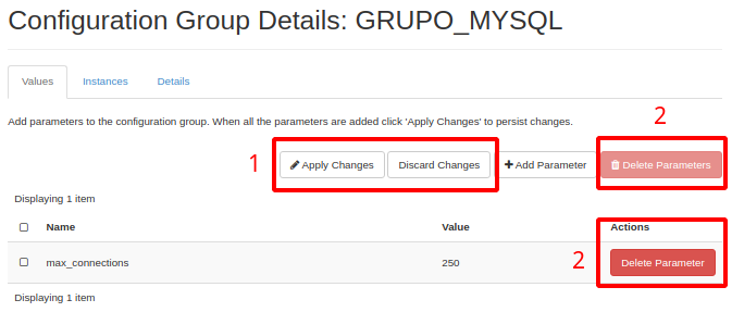 NNumbers Cloud console, Databases: the parameter then appears in the list