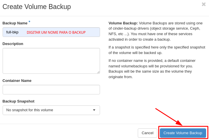 NNumbers Cloud console, Volumes: in the window that opens, give the backup a name and then