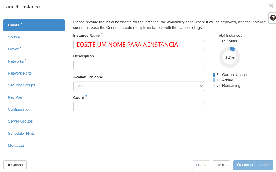 NNumbers Cloud console, Volumes: in the window that opens, type an instance name and at the bottom