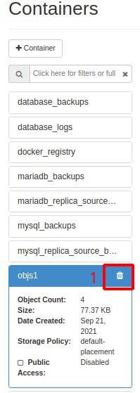 NNumbers Cloud console, Object Store: to remove the bucket and everything in it, click the icon
