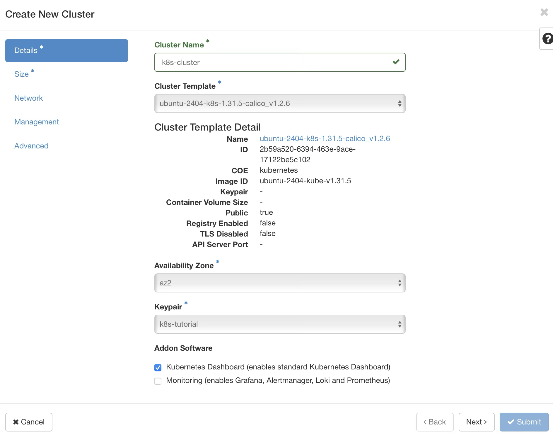 NNumbers Cloud console, Container Infra (Kubernetes): once the form is filled in, in the left menu