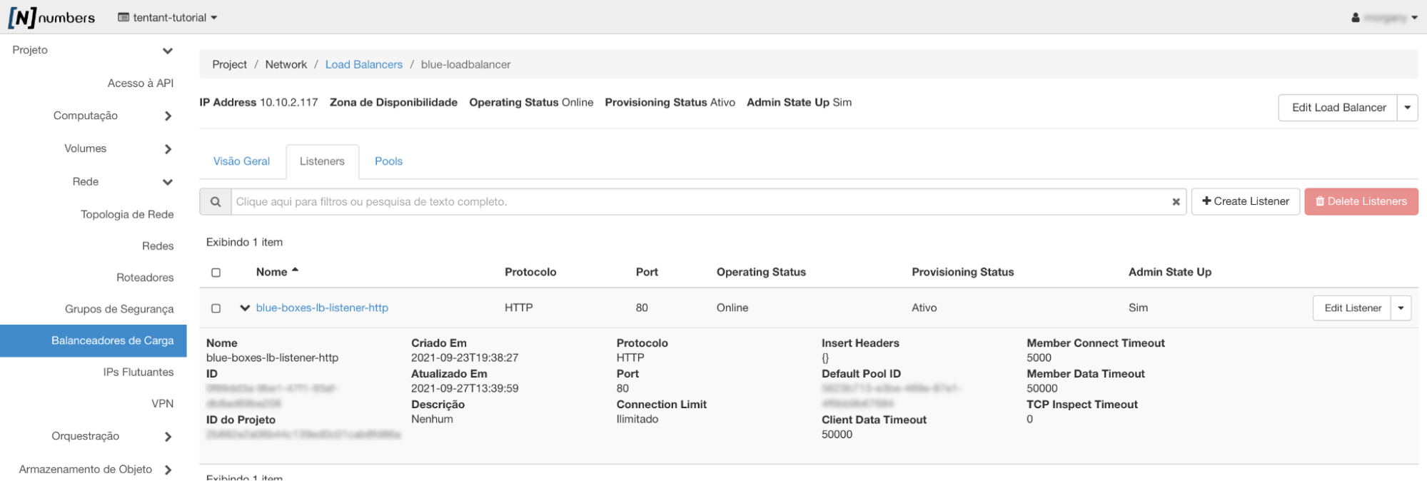 NNumbers Cloud console, Load balancers: select the Listeners tab, click the link at the left of the row