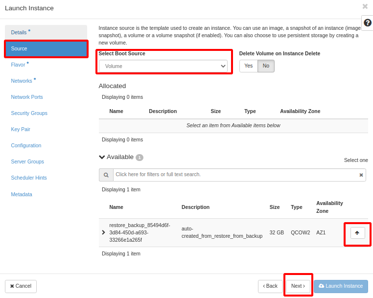 NNumbers Cloud console, Volumes: then click Next at the bottom