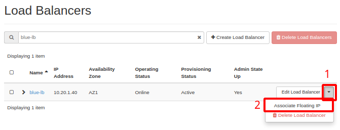 NNumbers Cloud console, Floating IPs: the list of previously created load balancers loads