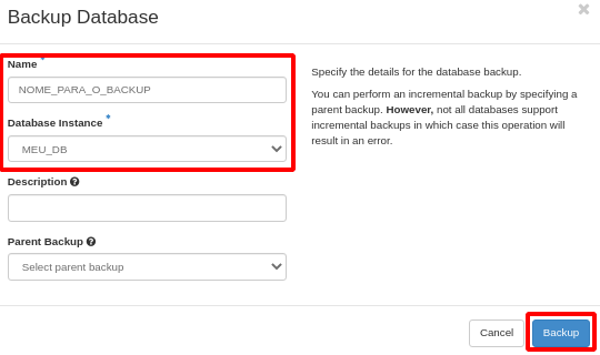 NNumbers Cloud console, Databases: to create a backup, at the top of the page click Create Backup