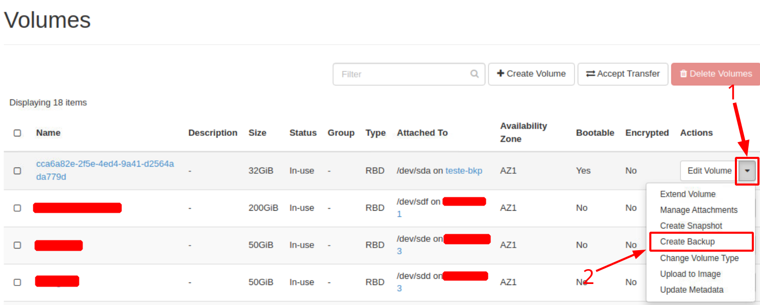 NNumbers Cloud console, Volumes: once you find the volume, click the down arrow and then Create