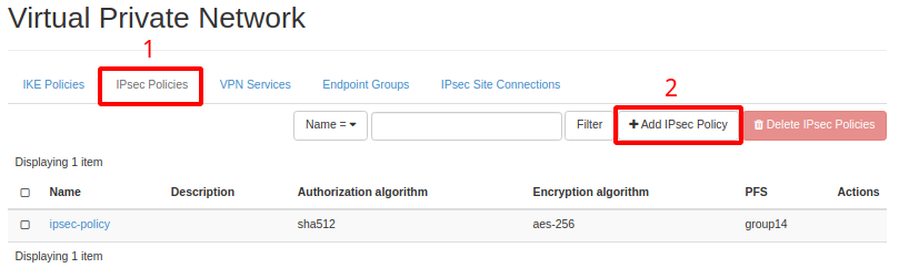 NNumbers Cloud console, Site-to-site VPN: in the top menu click IPsec Policies and then