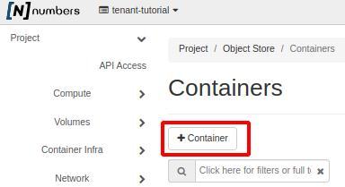 Painel da NNumbers Cloud, Object Store: na próxima página, clique em + Container