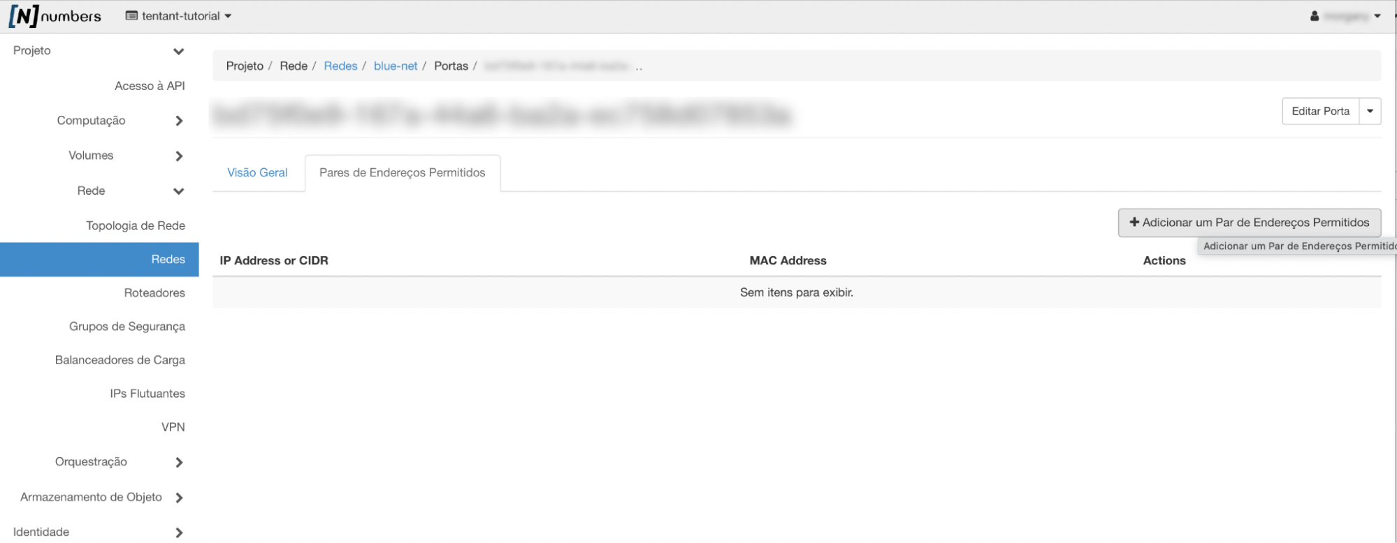 Painel da NNumbers Cloud, Redes: na aba Pares de Endereços Permitidos, clique no botão Adicionar um Par