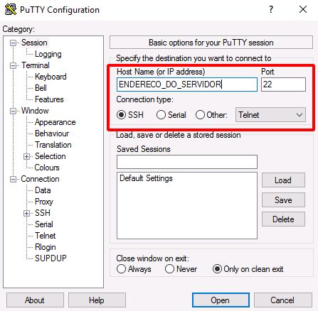 Painel da NNumbers Cloud, Acesso SSH: abrir o putty e preencher o endereço ou ip do servidor