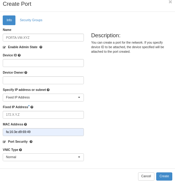 Painel da NNumbers Cloud, Redes: o botão Criar Porta permite criar uma porta de rede para ser utilizada